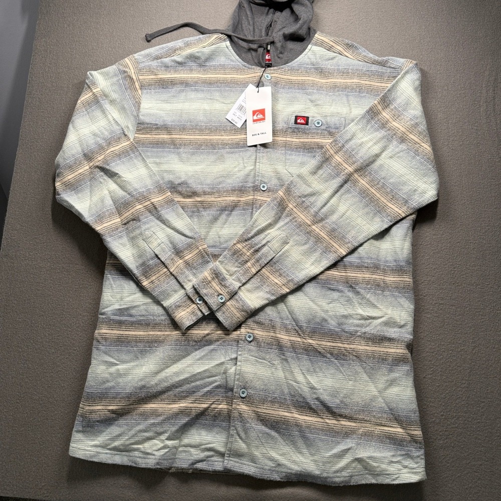 Quiksilver Hooded Shirt Men 2XLT Mist Grey Striped Flannel QSFLNH